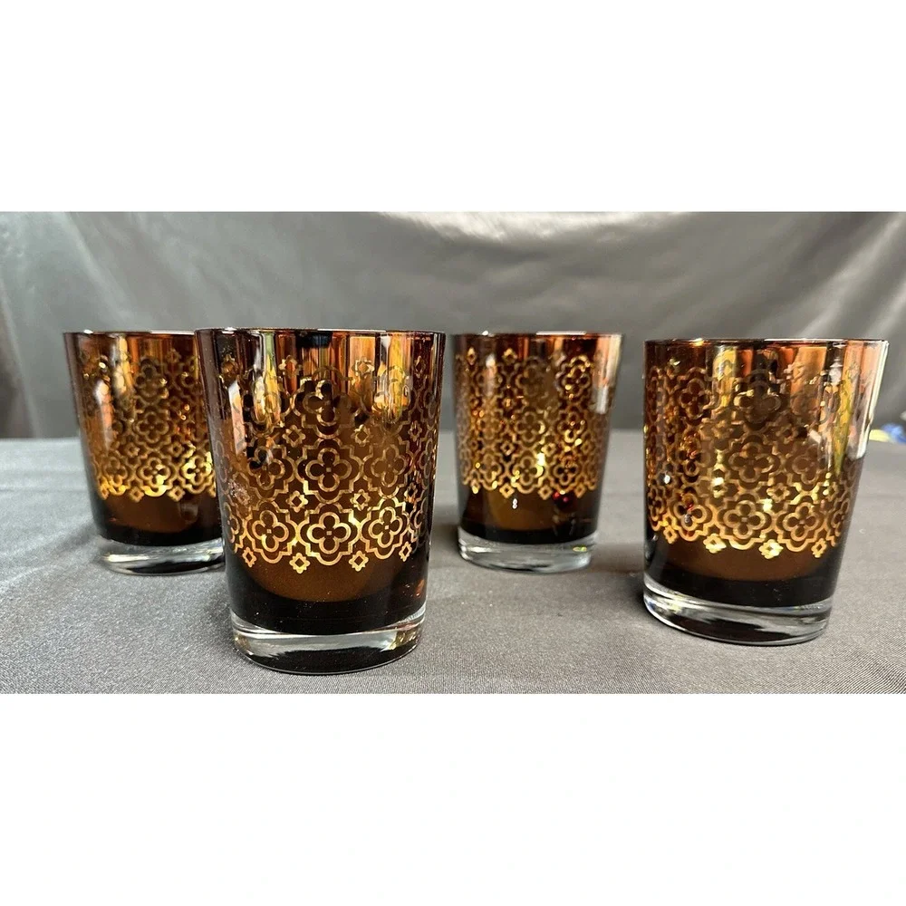 Copper Colored Design Mercury Glass Silver Inside Votive Candle Holders Set/4